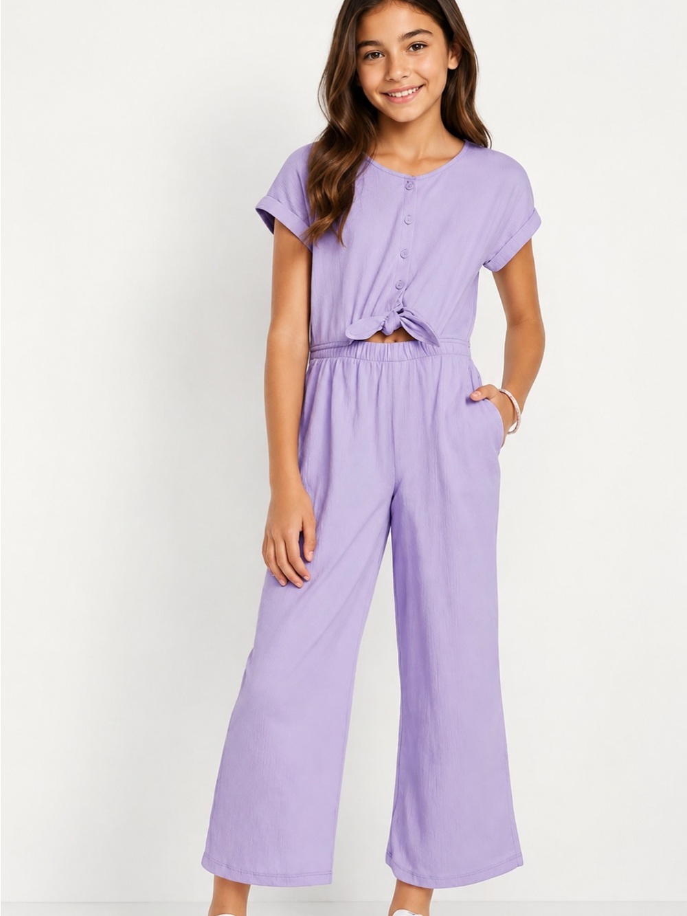 Old Navy Girls Lilac Button-Front Tie-Knot Jumpsuit Size 6-7